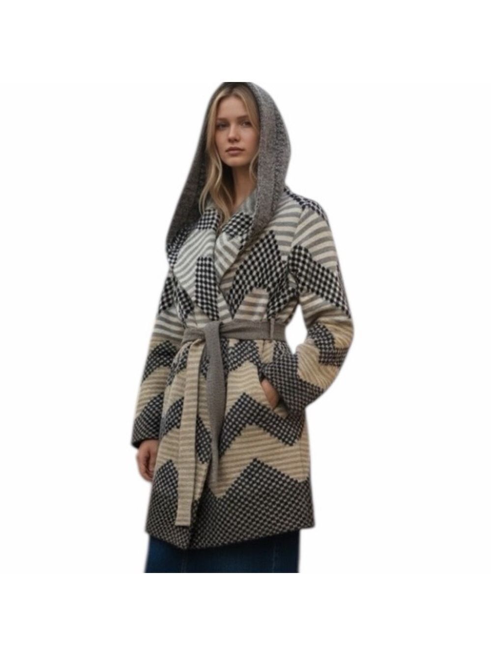 Anthropologie Field & Flower Long Hooded Sweater Coat Oversized Hood Belt Sz S